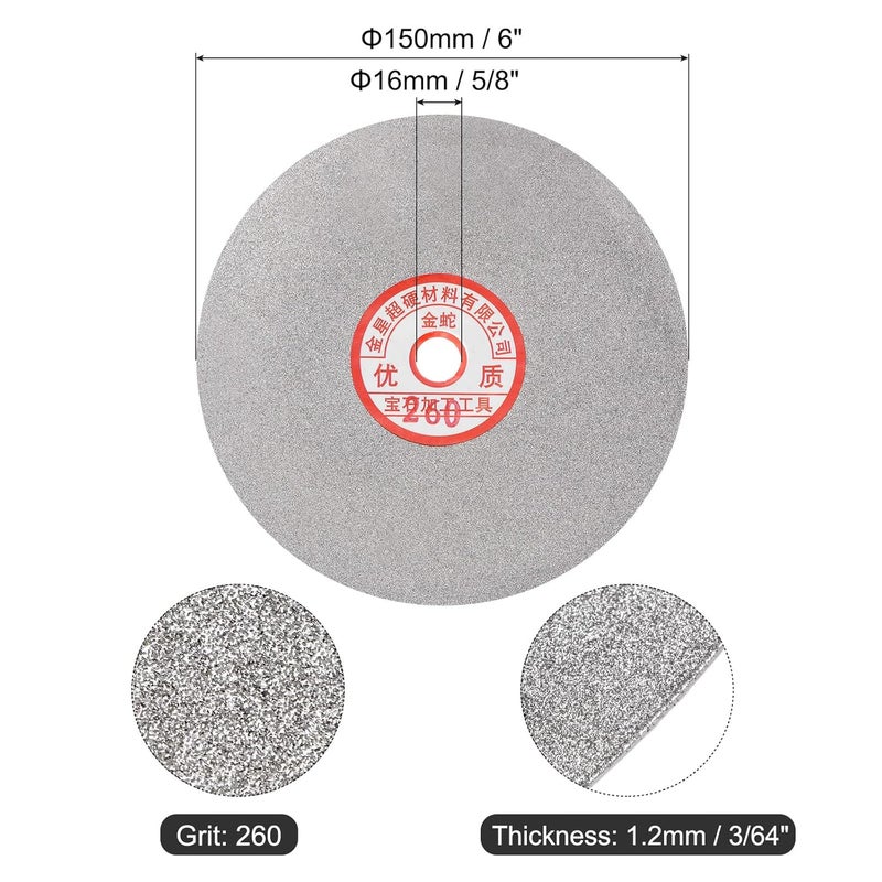 uxcell Diamond Sanding Grinding Disc, 6-Inch (150mm) Grit 260 5/8" Arbor Hole, Flat Lap Disk Polishing Discs Abrasive Wheel for Gemstone Tile Porcelain Glass Stone Metal - Image 2